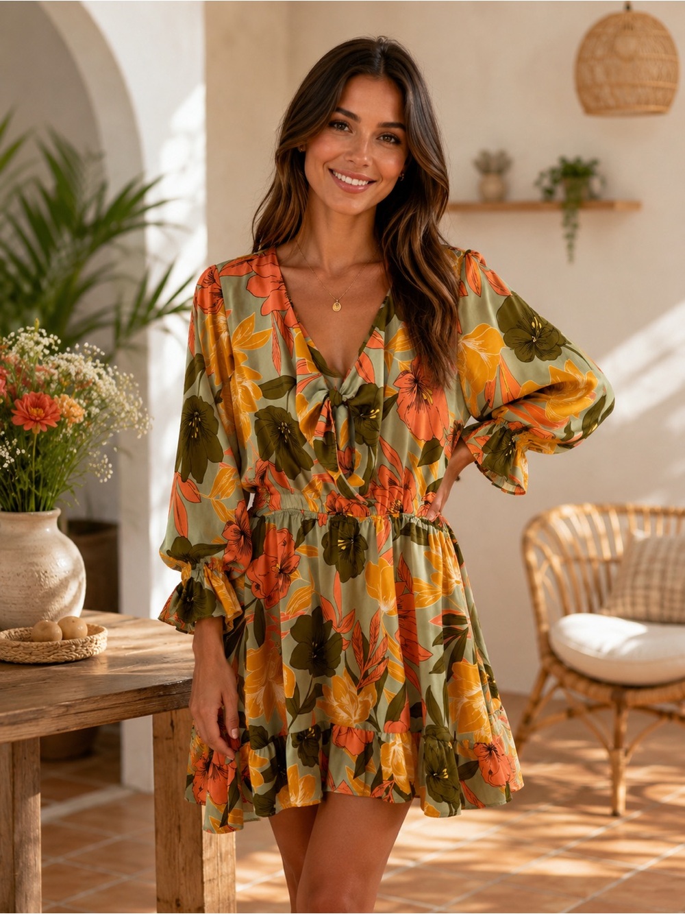 easel Floral Tie-Front Mini Dress in Olive, Orange & Yellow